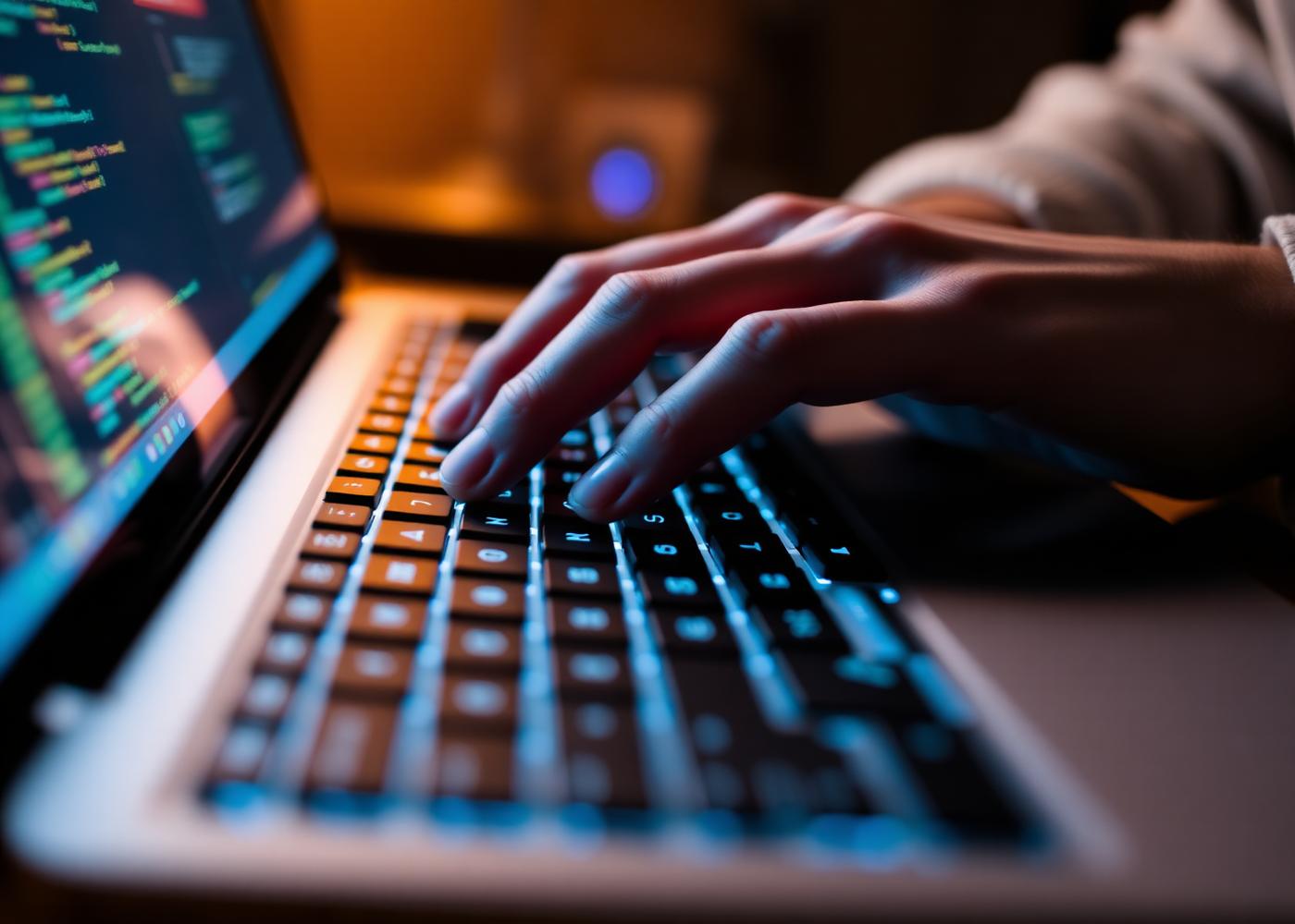 Developer hands on a backlit mechanical keyboard