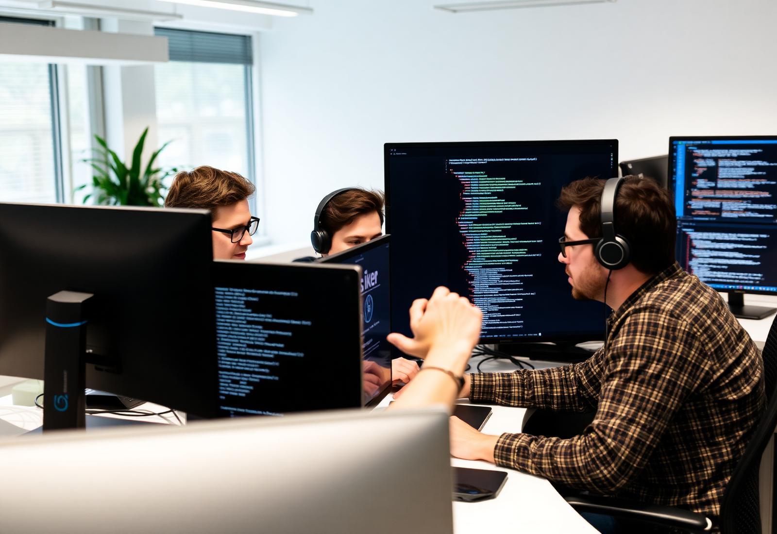 Software engineering team collaborating around monitors